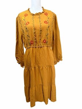 Hayden Mustard Embroidered Long Sleeve Midi Dress Size 1XL